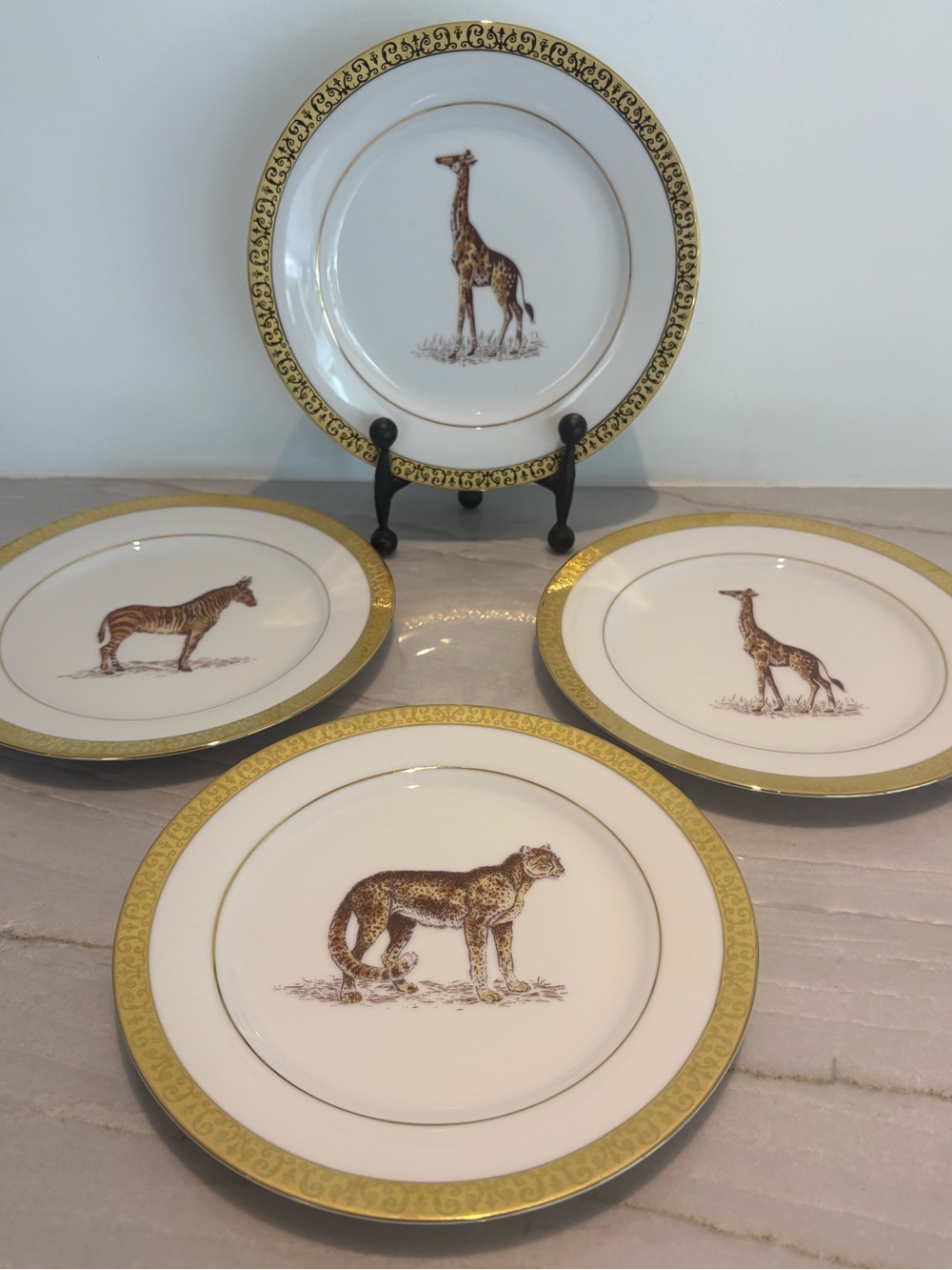 Set of 4 Porcelain w/ Gold Trim Glam 8.5” Safari Animal Plates by Royal Gallery